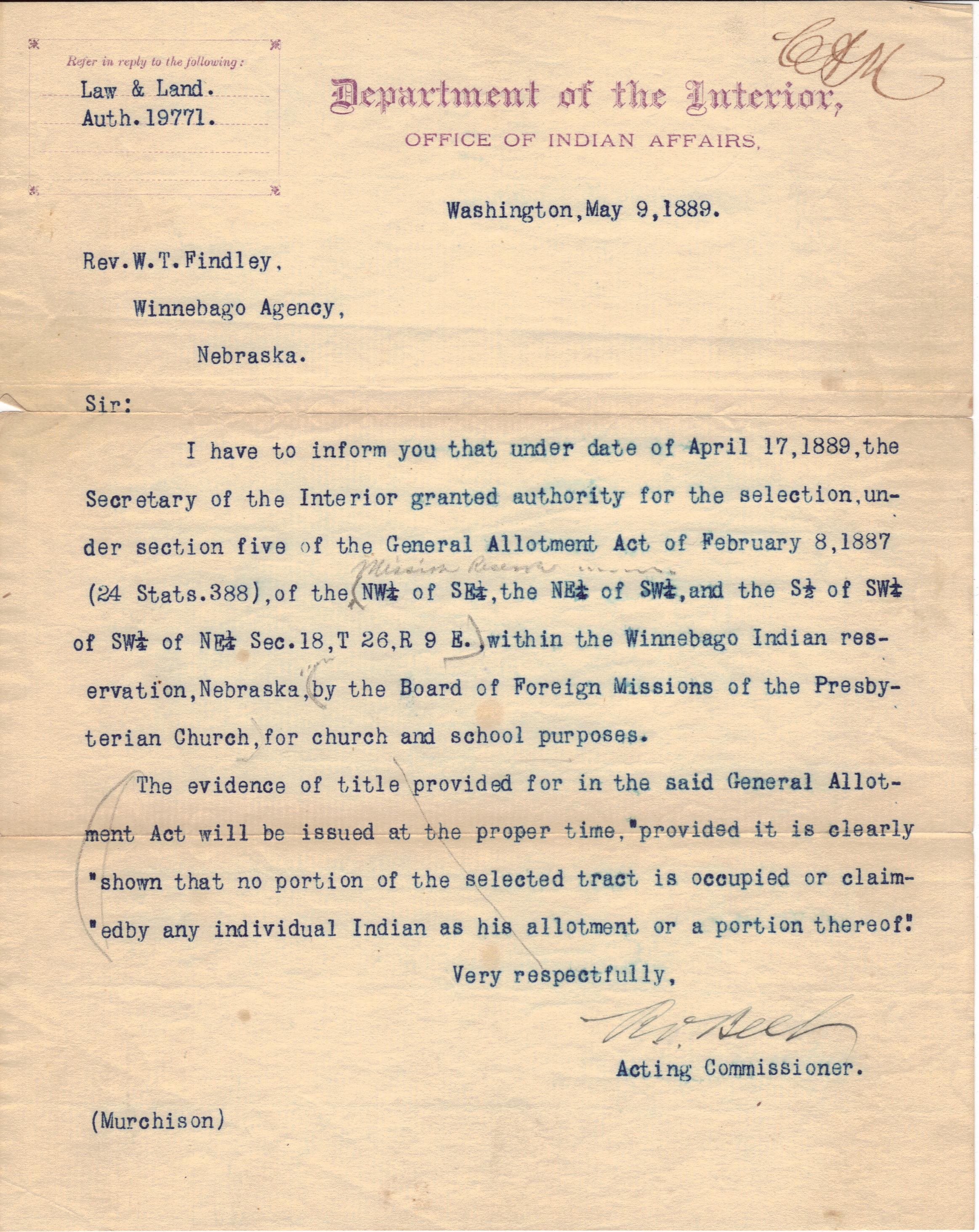 May 9, 1889: Notice of approval of Mission land